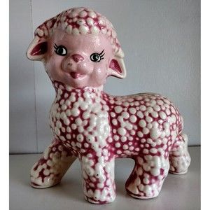Vintage Dark Pink Ceramic Anthropomorphic Lamb
